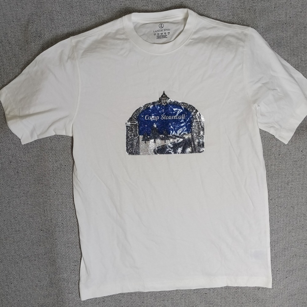 Lands End T-Shirt Mens Small White Excellent Camp Stonewall Glitter Graphic Tee